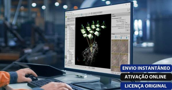 Software: Uma pessoa está usando um computador com software de visualização 3D que mostra dados e imagens, enquanto o fundo parece desfocado. Uma sobreposição de texto à direita diz: Envio Instantâneo, Ativação Online, Licença Original. Experimente uma loja de software para adquirir o Pix4D Pix4Dmapper Enterprise - Licença Vitalícia e entrega imediata.