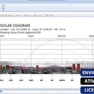 Software: Uma imagem da interface do software Solarius PV 16 representando um diagrama do caminho do sol para Londres, incluindo detalhes de latitude e longitude. O display mostra as direções cardeais, acompanhadas de texto em português dizendo 