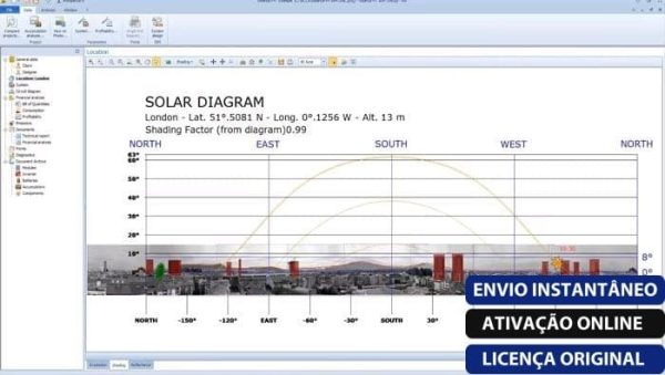 Software: Uma imagem da interface do software Solarius PV 16 representando um diagrama do caminho do sol para Londres, incluindo detalhes de latitude e longitude. O display mostra as direções cardeais, acompanhadas de texto em português dizendo "ENVIO INSTANTÂNEO", "ATIVAÇÃO ONLINE" e "LICENÇA ORIGINAL", destacando a entrega imediata de nossa loja de software.