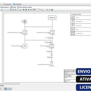 Software: Captura de tela da interface do SOLergo 2024 - Versão Completa em Português e Atualizável exibindo um esquema elétrico com vários componentes e rótulos, incluindo uma legenda à direita. Há botões e opções de menu na parte superior, junto com texto promocional sobre ativação online e licença original disponível em nossa loja de software.