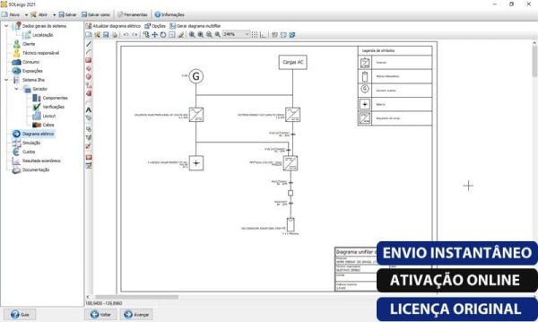 Software: Captura de tela da interface do SOLergo 2024 - Versão Completa em Português e Atualizável exibindo um esquema elétrico com vários componentes e rótulos, incluindo uma legenda à direita. Há botões e opções de menu na parte superior, junto com texto promocional sobre ativação online e licença original disponível em nossa loja de software.