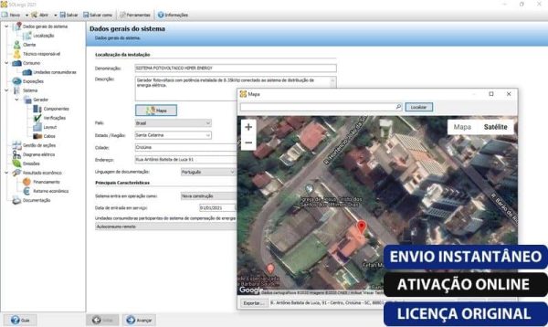 Software: Uma captura de tela mostra a interface do SOLergo 2024 - Versão Completa em Português e Atualizável, com dados do sistema ao lado de um mapa de satélite de um bairro. Um painel lateral exibe diversas configurações, com rótulos como Envio Instantâneo, Ativação Online e Licença Original sobrepostos à imagem – perfeito para quem deseja comprar licença com entrega imediata através de nossa loja de software.