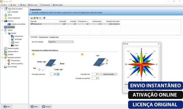 Software: Captura de tela da interface do SOLergo 2024 - Versão Completa em Português e Atualizável exibindo configurações para orientação do painel solar e ângulos de inclinação, apresentando um diagrama de rosa dos ventos. A imagem destaca entrega instantânea, ativação online e uma licença de software original. Ideal para quem procura comprar licença sem esforço.