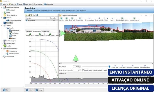 Software: A tela do computador exibe o software de edição de fotos com um panorama em andamento. Há vários gráficos e controles ao lado. O texto sobreposto em português destaca entrega imediata e as opções para comprar licença online, garantindo que você comece imediatamente com seu confiável SOLergo 2024 - Versão Completa em Português e Atualizável da loja de software.