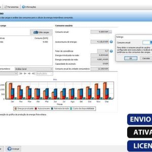Software: Na tela do computador é exibida a interface do software para análise de consumo de energia do conhecido SOLergo 2024 - Versão Completa em Português e Atualizável. Inclui um gráfico de uso mensal e dados detalhados de consumo. Os botões rotulados ENVIO INSTANTÂNEO, ATIVAÇÃO ONLINE e LICENÇA ORIGINAL estão bem organizados na parte inferior.