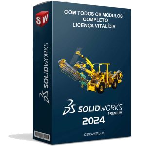 Software: Capa da caixa do SolidWorks Electrical 2024 (Pacote completo) - Vitalício software. O design apresenta ilustrações mecânicas e texto em português, enfatizando uma licença abrangente e vitalícia com todos os módulos incluídos. Ideal para quem procura comprar licença em uma loja de software.