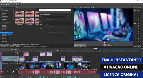 Software: A interface do VEGAS Pro 20 apresenta diversos clipes e faixas na linha do tempo, janelas de pré-visualização e opções de efeitos. A tela exibe uma imagem em close de uma pessoa no computador. O texto em português promove entrega imediata e ativação online ao comprar a licença vitalícia.