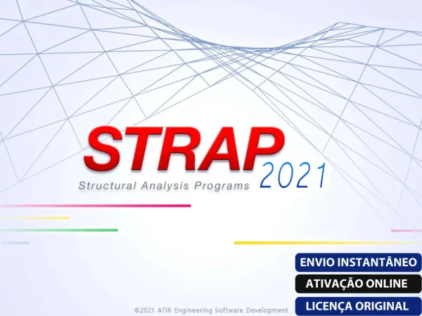 Software: Imagem de capa do STRAP - Software de Análise Estrutural com desenho de linhas geométricas ao fundo. Inclui texto em português: Programas de Análise Estrutural e opções de Envio Instantâneo, Ativação Online e Licença Original. Perfeito para quem busca comprar licença de uma loja de software confiável.