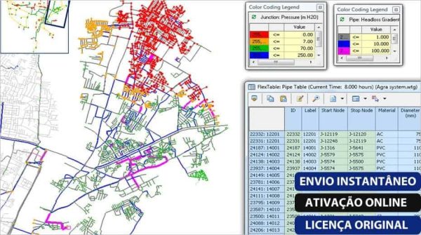 Software: Em uma tela de computador, o WaterGEMS - Modelagem Hidráulica de Redes de Água exibe um mapa vibrante com sobreposições de dados, apresentando legendas codificadas por cores para pressão de junção e fluxo de tubulação. Tabelas de dados numéricos são exibidas abaixo, acompanhadas de texto sobre ativação online e a licença original em português. Este produto é perfeito para aqueles que desejam comprar licença de uma loja de software confiável.