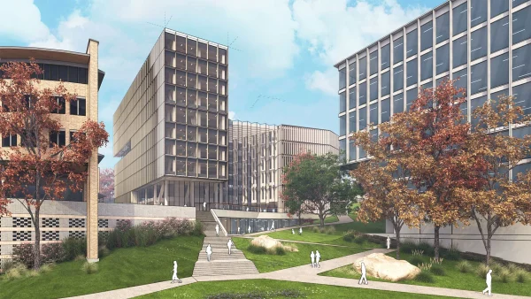 Software: Um campus contemporâneo com várias estruturas retangulares com grandes janelas de vidro é cercado por gramados verdes, árvores adornadas com folhas de outono e uma escada que leva a uma área elevada onde os indivíduos se envolvem em discussões sobre soluções de software e exploram opções para comprar um SketchUp Pro 2024 - Português / Inglês - Licença Vitalícia.