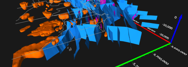 Software: Descubra o Golden Software Surfer 25.2.259, apresentando uma visualização geológica 3D com estruturas laranja e azul vívidas e eixos rotulados para profundidade e coordenadas. Ideal para usuários que desejam comprar software para análise imediata de dados, este produto apresenta um gráfico com fundo escuro, planos angulares e formas abstratas para representar dados intrincados do subsolo de forma eficaz.