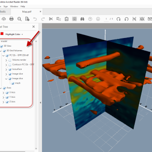 Software: Uma captura de tela de um modelo 3D no Golden Software Surfer 25.2.259 mostra estruturas laranja perfurando planos azuis. Uma lista de componentes do modelo é visível à esquerda, com uma seta vermelha destacando o item selecionado, tornando-o ideal para usuários interessados em explorar recursos de software com entrega imediata.