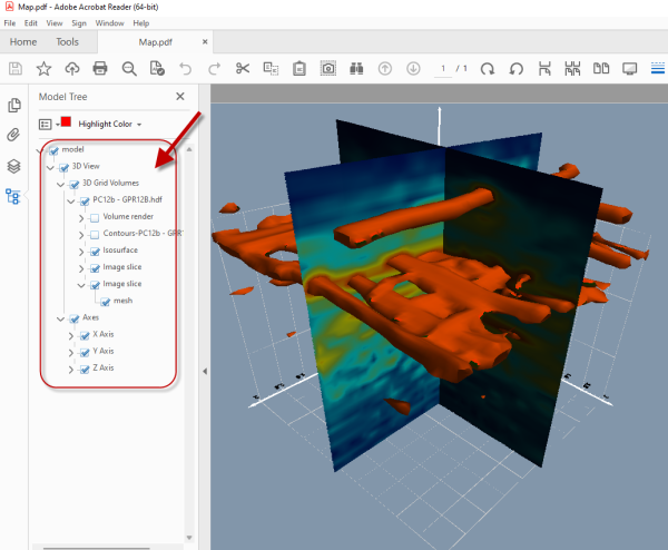 Software: Uma captura de tela de um modelo 3D no Golden Software Surfer 25.2.259 mostra estruturas laranja perfurando planos azuis. Uma lista de componentes do modelo é visível à esquerda, com uma seta vermelha destacando o item selecionado, tornando-o ideal para usuários interessados em explorar recursos de software com entrega imediata.