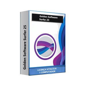 Software: Imagem de caixa 3D do Golden Software Surfer 25.2.259 com um logotipo estilizado na frente, adornado com padrões de ondas azuis e roxas. Ele oferece uma licença vitalícia para um computador, tornando-o ideal para aqueles que buscam comprar licença de uma loja de software confiável.