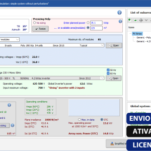 Software: Captura de tela da interface do software PVsyst 7.4 - Licença Anual para projeto de matriz solar. Ela exibe entradas para potência do módulo, detalhes do inversor e parâmetros de projeto. Uma lista de submatrizes está à direita. Os botões rotulados ENIVO INSTANTÂNEO, ATIVAÇÃO ONLINE e COMPRAR LICENÇA SOFTWARE estão na parte inferior.