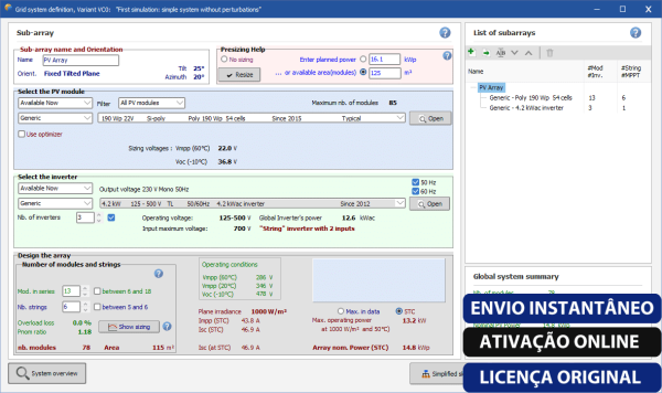 Software: Captura de tela da interface do software PVsyst 7.4 - Licença Anual para projeto de matriz solar. Ela exibe entradas para potência do módulo, detalhes do inversor e parâmetros de projeto. Uma lista de submatrizes está à direita. Os botões rotulados ENIVO INSTANTÂNEO, ATIVAÇÃO ONLINE e COMPRAR LICENÇA SOFTWARE estão na parte inferior.