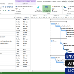 Software: Captura de tela do MS Project 2019 (Microsoft Project Professional) mostrando um gráfico de Gantt e uma lista de tarefas. O gráfico destaca dependências de tarefas e cronogramas. A sobreposição de texto diz: Envio Instantâneo, Ativação Online, Licença Original. Experimente a entrega imediata da loja de software líder.