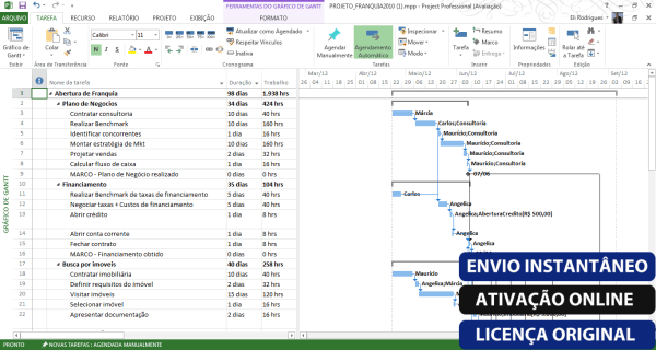 Software: Captura de tela do MS Project 2019 (Microsoft Project Professional) mostrando um gráfico de Gantt e uma lista de tarefas. O gráfico destaca dependências de tarefas e cronogramas. A sobreposição de texto diz: Envio Instantâneo, Ativação Online, Licença Original. Experimente a entrega imediata da loja de software líder.
