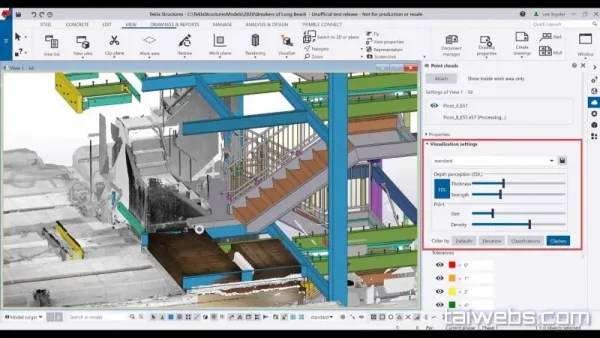 Software: Um projeto de construção detalhado exibido em uma tela de computador mostra um modelo 3D dos elementos estruturais de um edifício usando o TEKLA Structures 2024 – Software para Construção e Engenharia Estrutural. Várias vigas coloridas, escadas e estruturas de suporte são visíveis, com opções de menu e configurações no lado direito. Personalize-o facilmente em sua loja de software preferida para entrega imediata.