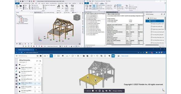 Software: Uma tela de computador exibe o TEKLA Structures 2024 - Software para Construção e Engenharia Estrutural, mostrando um modelo 3D de uma estrutura de madeira. A interface, pronta para compra de licença, inclui detalhes de construção e uma lista de materiais. A tela é dividida em várias seções, cada uma exibindo dados e visualizações do modelo para entrega imediata.