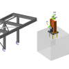 Software: Um diagrama digital exibindo projetos de engenharia estrutural: uma estrutura de treliça à esquerda, uma conexão coluna-base no centro e uma análise de tensão de edifício de vários andares à direita. O canto superior esquerdo exibe o logotipo SCIA Engineer - Software Completo e detalhes do software.
