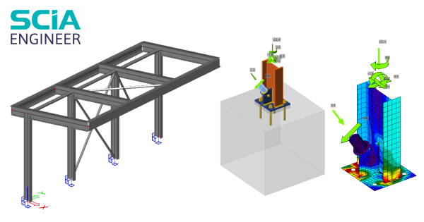 Software: Um diagrama digital exibindo projetos de engenharia estrutural: uma estrutura de treliça à esquerda, uma conexão coluna-base no centro e uma análise de tensão de edifício de vários andares à direita. O canto superior esquerdo exibe o logotipo SCIA Engineer - Software Completo e detalhes do software.
