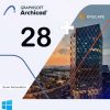 Software: Uma imagem promocional mostra os logotipos do Archicad 28 + Enscape 4.1, exibindo com destaque o número 28 com um sinal de mais. O fundo apresenta um edifício de vidro moderno ao pôr do sol, com vista para uma paisagem urbana. A imagem inclui avisos para comprar software (