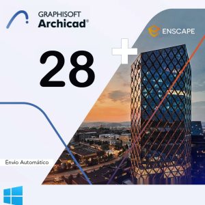 Software: Uma imagem promocional mostra os logotipos do Archicad 28 + Enscape 4.1, exibindo com destaque o número 28 com um sinal de mais. O fundo apresenta um edifício de vidro moderno ao pôr do sol, com vista para uma paisagem urbana. A imagem inclui avisos para comprar software ("comprar software") junto com o logotipo do Windows e o texto "Envio Automático" integrados ao design.