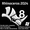 Software: A imagem mostra um gráfico promocional do Rhinoceros 8.7 - Rhino 8 (2024), destacando uma cabeça de rinoceronte estilizada. O texto em português o descreve como um software completo e irrestrito disponível para compra como 