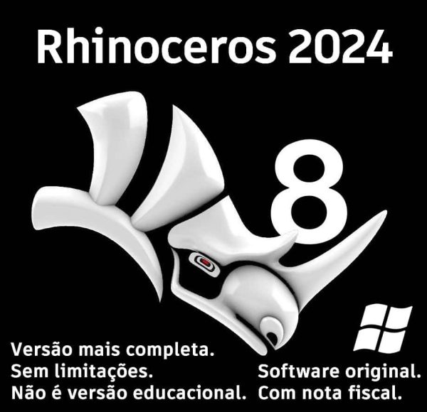 Software: A imagem mostra um gráfico promocional do Rhinoceros 8.7 - Rhino 8 (2024), destacando uma cabeça de rinoceronte estilizada. O texto em português o descreve como um software completo e irrestrito disponível para compra como "comprar licença" de uma "loja de software". Um logotipo do Windows também está presente no design.