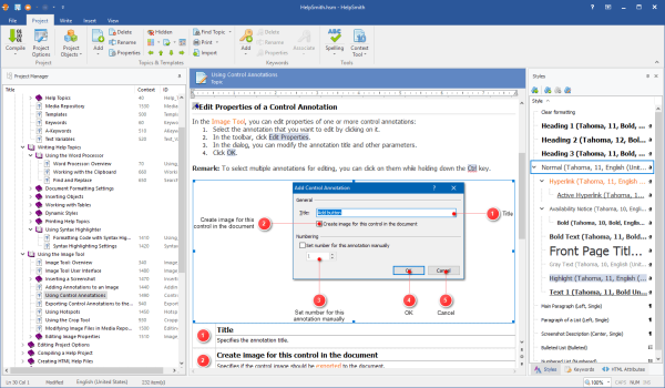 Software: Captura de tela da interface do HelpSmith Standard mostrando um projeto. A janela principal exibe ferramentas de edição, estrutura do projeto e tópicos. Uma caixa de diálogo intitulada Add Control Annotation é aberta, solicitando que o usuário selecione opções de imagem. Perfeito para aqueles que desejam comprar uma licença para entrega imediata.