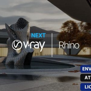 Software: Uma cena arquitetônica contemporânea apresenta uma escultura reflexiva em um pátio. A sobreposição de texto diz "V-Ray Next 5 para Rhinoceros (Rhino 7)" com opções para ativação online instantânea e a licença original disponível em português. Explore e compre este software hoje mesmo para elevar sua experiência de design digital.