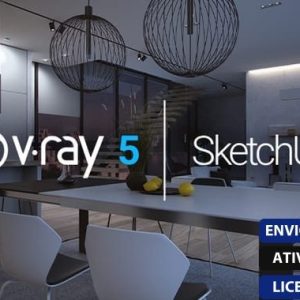 Software: Em uma sala de jantar contemporânea, uma mesa espaçosa é complementada por cadeiras brancas e graciosamente iluminada por lustres pendentes pretos e elegantes. A cena exibe o V-Ray 6.1 para SketchUp, destacando a entrega imediata (entrega imediata) de licenças originais em português por meio de nossa loja de software.