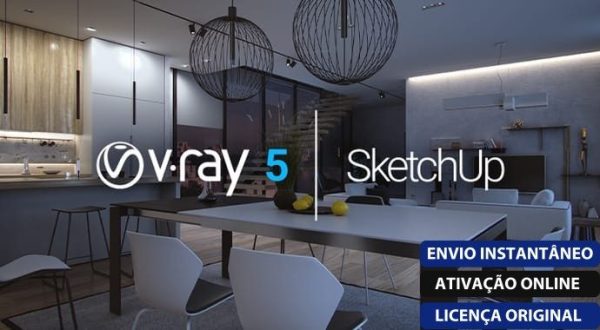 Software: Em uma sala de jantar contemporânea, uma mesa espaçosa é complementada por cadeiras brancas e graciosamente iluminada por lustres pendentes pretos e elegantes. A cena exibe o V-Ray 6.1 para SketchUp, destacando a entrega imediata (entrega imediata) de licenças originais em português por meio de nossa loja de software.