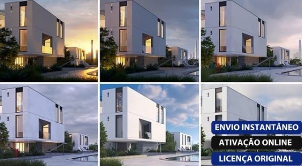 Software: Uma colagem mostrando casas brancas contemporâneas de dois andares com janelas amplas e telhados planos, aninhadas em meio a uma vegetação exuberante. As imagens destacam várias condições de iluminação. Em texto azul no canto inferior direito, diz: "Envio instantâneo, ativo online, licença original." Ideal para aprimorar seu V-Ray 6.1 para SketchUp (Todas as versões) - Licença Vitalícia software backdrop!