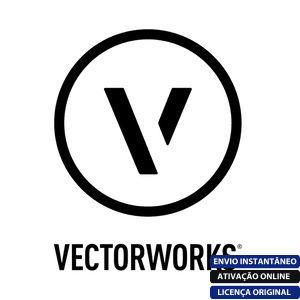 Software: O logotipo do Vectorworks apresenta um V estilizado dentro de um círculo, com texto abaixo. No canto inferior direito, há um rótulo azul em português que enfatiza a ativação online instantânea e uma licença de software original, encorajando você a visitar a melhor loja de software para suas necessidades. Este produto é o Vectorworks 2022 SP2 - Licença Vitalícia.