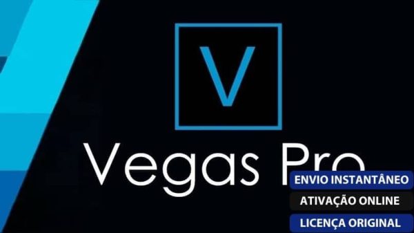 Software: Imagem mostrando o logotipo do VEGAS Pro 20 em um fundo escuro. Abaixo do logotipo, caixas de texto azuis e brancas apresentam frases em português: ENVIO INSTANTÂNEO, ATIVAÇÃO ONLINE e LICENÇA ORIGINAL. Ideal para quem deseja comprar o VEGAS Pro 20 - Software e Licença Vitalícia com entrega imediata em uma loja de software de confiança.
