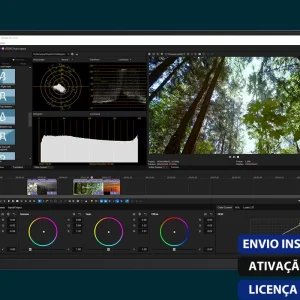 Software: Uma tela de computador exibe o VEGAS Pro 20 com uma interface que oferece uma variedade de ferramentas de edição e opções de gradação de cores. A prévia mostra um vídeo de árvores altas sob um céu limpo. Os selos portugueses enfatizam a entrega instantânea e uma licença original, ideal para quem procura comprar software de uma loja de software.