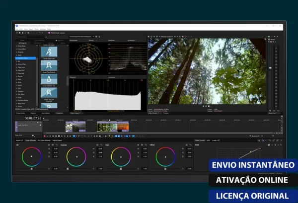 Software: Uma tela de computador exibe o VEGAS Pro 20 com uma interface que oferece uma variedade de ferramentas de edição e opções de gradação de cores. A prévia mostra um vídeo de árvores altas sob um céu limpo. Os selos portugueses enfatizam a entrega instantânea e uma licença original, ideal para quem procura comprar software de uma loja de software.