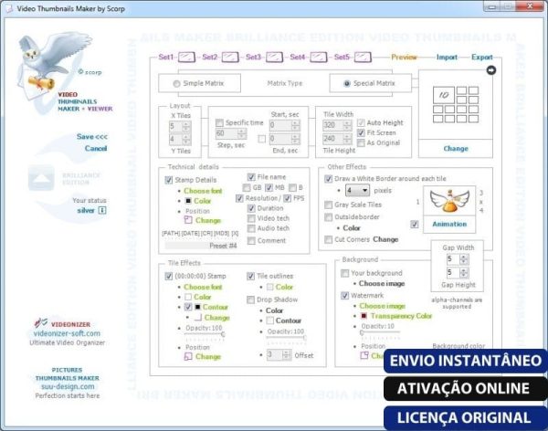 Software: Aqui está uma versão reformulada da frase usando os dados do produto fornecidos:

"Captura de tela da interface do Video Thumbnails Maker Platinum 15.3.0.0, disponível para compra na sua loja de software favorita. Ele apresenta configurações para criar miniaturas de vídeo, como seleção de matriz, tipos de arquivo de miniatura, efeitos de vídeo, animação e processamento em lote.