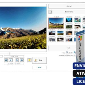 Software: Captura de tela de um programa de edição de vídeo com um avião em um campo gramado. A interface mostra uma linha do tempo e botões de controle. À direita, há a caixa do software Video Thumbnails Maker Platinum 15.3.0.0 com um logotipo de pássaro azul promovendo ativação online instantânea — perfeito para aqueles que procuram comprar licença em sua loja de software.