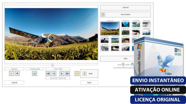 Software: Captura de tela de um programa de edição de vídeo com um avião em um campo gramado. A interface mostra uma linha do tempo e botões de controle. À direita, há a caixa do software Video Thumbnails Maker Platinum 15.3.0.0 com um logotipo de pássaro azul promovendo ativação online instantânea — perfeito para aqueles que procuram comprar licença em sua loja de software.