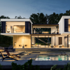 Software: Uma casa moderna de dois andares com grandes janelas de vidro, um interior iluminado e uma piscina ao ar livre é lindamente exibida na luz da noite. Os espaços de estar abertos e o design minimalista são realçados pelas árvores ao redor e pelo quintal paisagístico — ideal para relaxar após comprar o Archicad 28 + Enscape 4.1 na sua loja de software favorita.