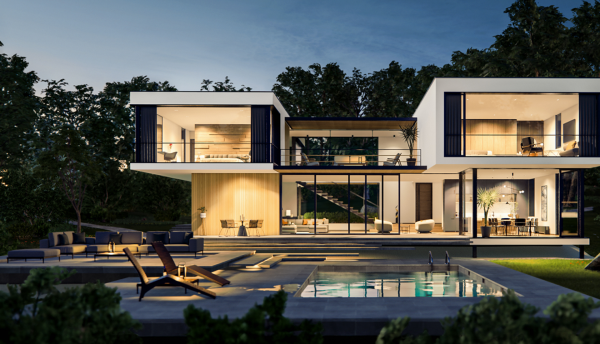 Software: Uma casa moderna de dois andares com grandes janelas de vidro, um interior iluminado e uma piscina ao ar livre é lindamente exibida na luz da noite. Os espaços de estar abertos e o design minimalista são realçados pelas árvores ao redor e pelo quintal paisagístico — ideal para relaxar após comprar o Archicad 28 + Enscape 4.1 na sua loja de software favorita.