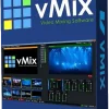 Software: A caixa do vMix Pro 26 + Licença Vitalícia exibe sua interface elegante, com um logotipo azul e verde, o nome do produto e uma prévia dos poderosos recursos de edição de vídeo do software. A embalagem promete entrega imediata e uma licença original da sua loja de software confiável.