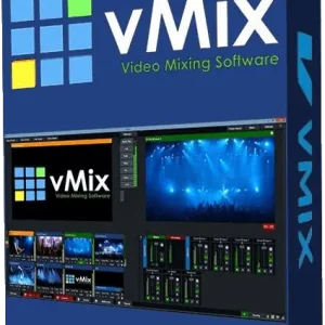 Software: A caixa do vMix Pro 26 + Licença Vitalícia exibe sua interface elegante, com um logotipo azul e verde, o nome do produto e uma prévia dos poderosos recursos de edição de vídeo do software. A embalagem promete entrega imediata e uma licença original da sua loja de software confiável.