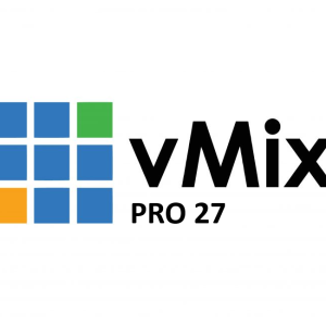 Software: O logotipo do vMix Pro 27 + Licença Vitalícia apresenta uma grade à esquerda com quadrados azuis 2x3, acompanhados por um quadrado verde e um quadrado laranja. À direita, "vMix PRO 27" está escrito em texto preto. Este design é ideal para aqueles que planejam comprar uma licença para este software robusto. O fundo permanece branco.