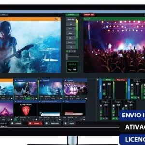 Software: O monitor do computador exibe o vMix Pro 26 com uma Licença Vitalícia, exibindo software de edição de vídeo de concerto ao vivo completo com vários ângulos de câmera de músicos no palco, níveis de áudio e controles de edição. O texto na tela aparece em português, fornecendo uma opção para comprar licença para acesso total.