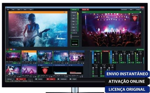 Software: O monitor do computador exibe o vMix Pro 26 com uma Licença Vitalícia, exibindo software de edição de vídeo de concerto ao vivo completo com vários ângulos de câmera de músicos no palco, níveis de áudio e controles de edição. O texto na tela aparece em português, fornecendo uma opção para comprar licença para acesso total.