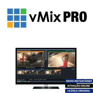 Software: Uma captura de tela mostrando a interface do vMix Pro 26 + Licença Vitalícia exibe uma configuração de transmissão ao vivo. Vários feeds de vídeo apresentam pessoas sorrindo em diferentes quadros, com controles e linhas de tempo visíveis. O texto em português garante a entrega imediata de uma produção de alta qualidade.